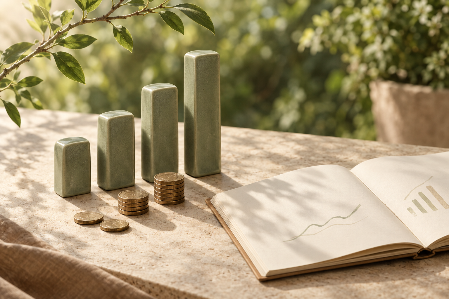 陽光下的股票研究筆記、硬幣與鼠尾草綠柱形模型